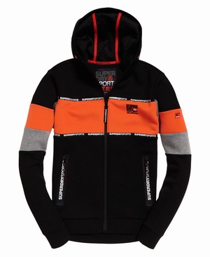 Superdry Gym Tech Stretch Blocked Cipzár Férfi Kapucnis Pulóver Fekete/Narancssárga | VKRUW0984